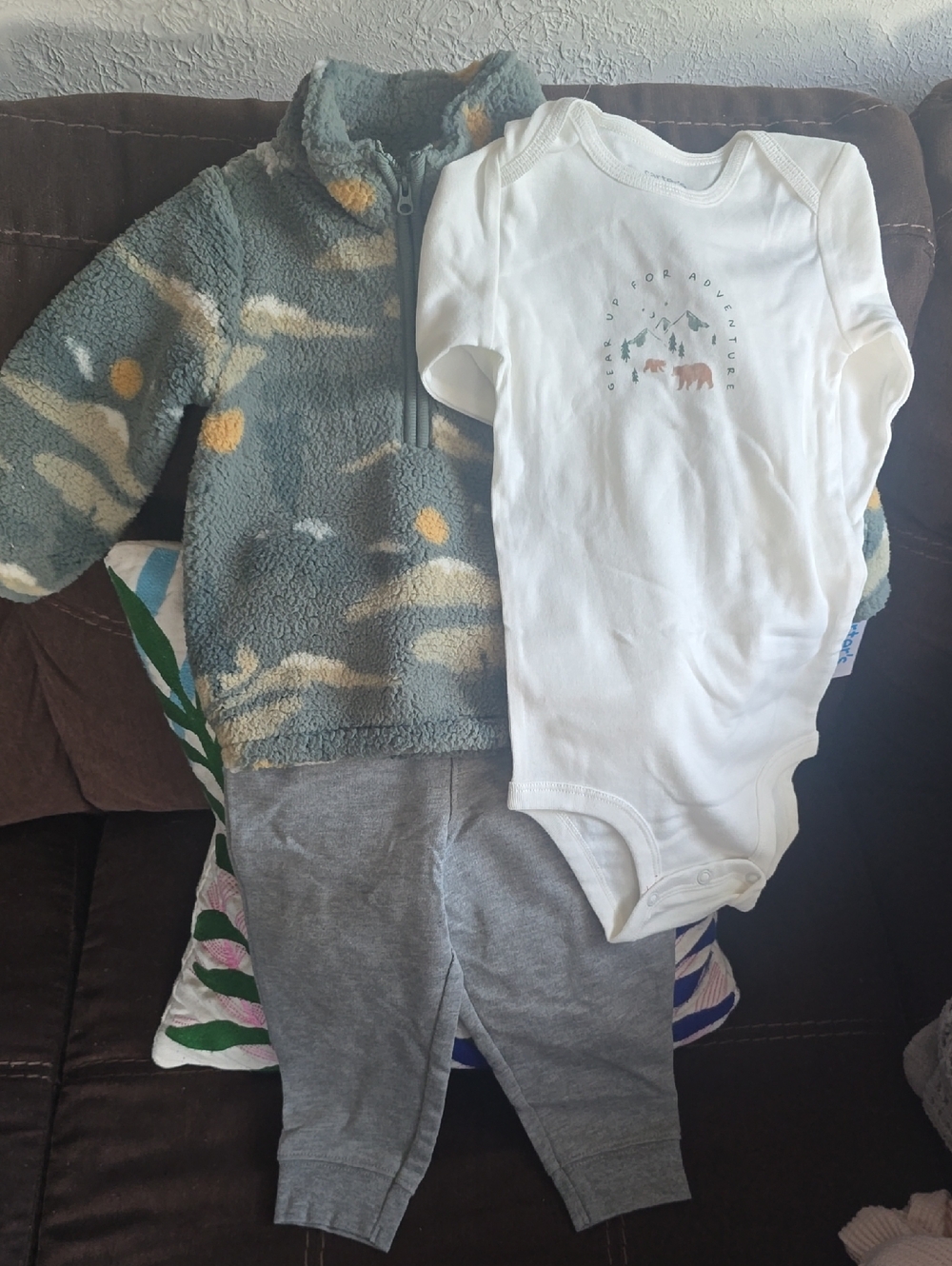 Carter's Green Cream Gray Cozy Fleece Set with White Bodysuit